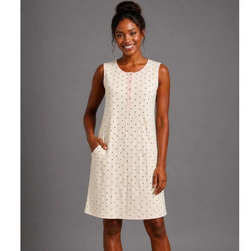 SweetHoney Women’s Dreamer Gown White Black Dot Sleeveless Nightgown Pockets M
